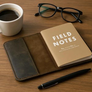 Può includere: Quaderno in pelle aperto con le parole "FIELD NOTES" in bianco. Una penna nera, una tazza di caffè e occhiali neri su una superficie di legno. Il quaderno è in una custodia di pelle marrone.