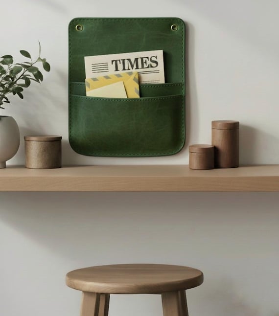 Leather Wall Organizer: 2-Pocket Mail - Magazine Storage