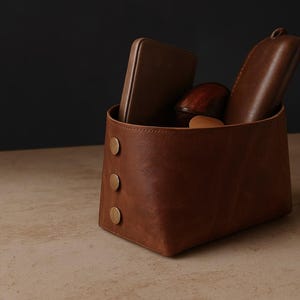 Handcrafted Leather Catch-All Basket - Travel Friendly, Portable Leather Desk Organizer