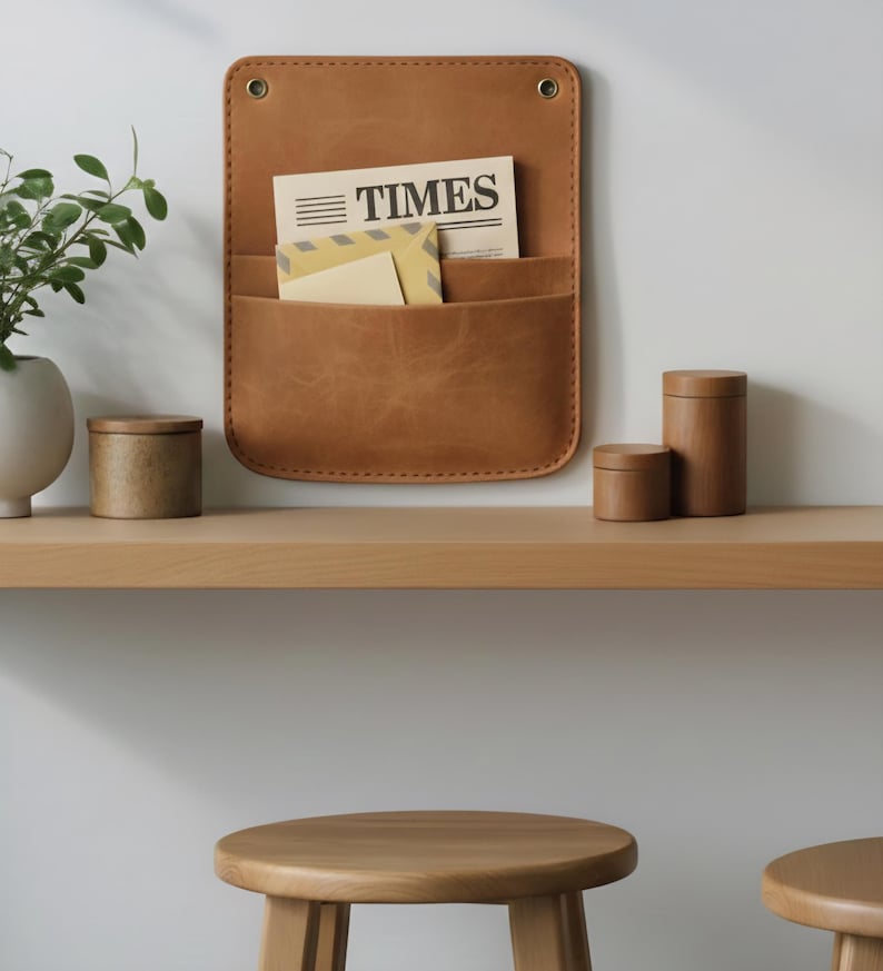 May include: A tan leather wall-mounted organizer with two pockets containing a newspaper with the text TIMES and envelopes. The rectangular organizer features rounded corners, visible stitching along the edges, and two metal grommets at the top.