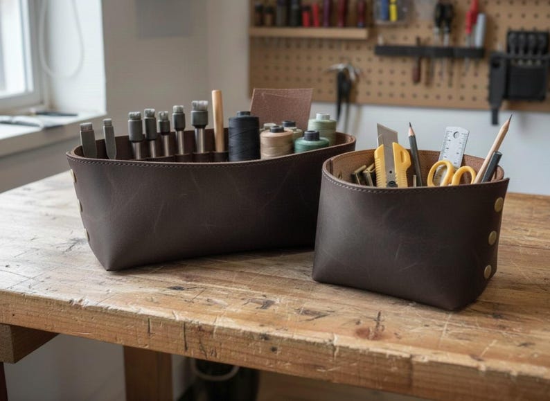 Handmade Leather Basket: Full Grain Cowhide Storage Organizer image 3