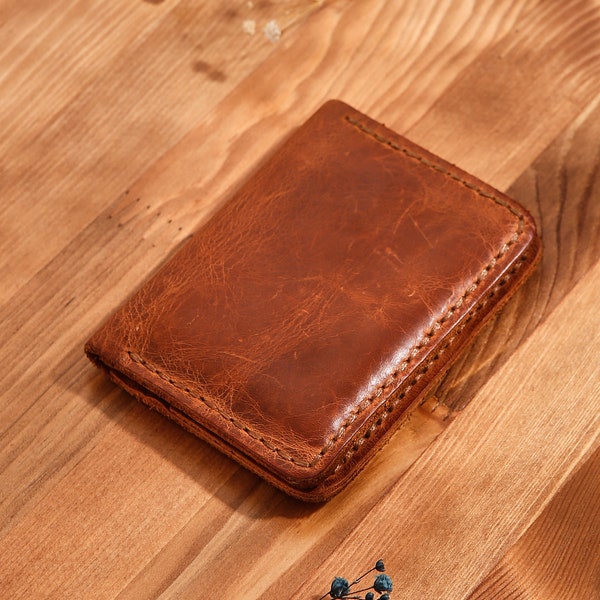 Porte-cartes vertical, Portefeuille personnalisé avec poche avant, Petit portefeuille marron clair