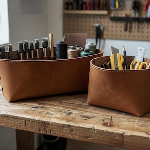 Handmade Leather Basket: Full Grain Cowhide Storage Organizer image 2