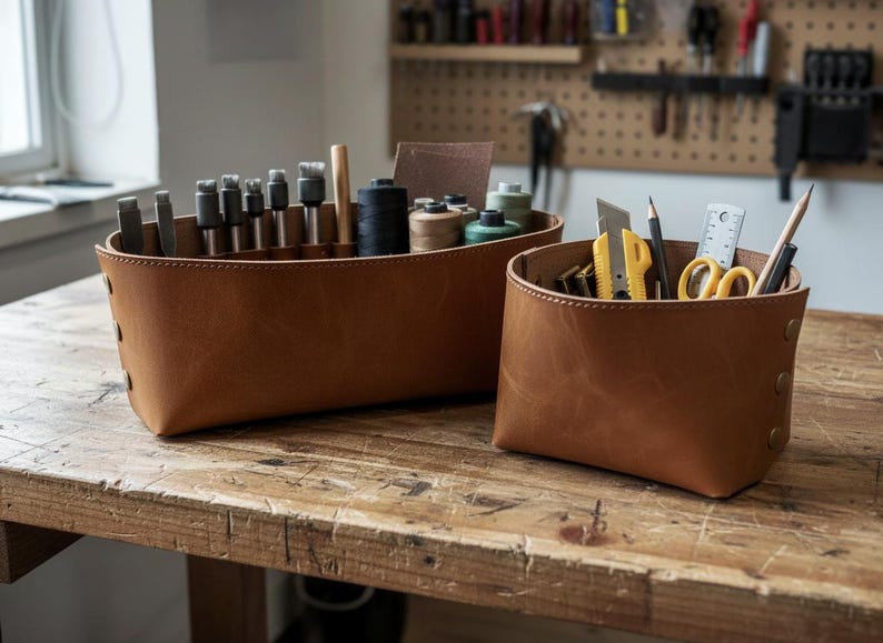 Handmade Leather Basket: Full Grain Cowhide Storage Organizer image 2