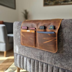 Leather Double Sided Sofa Armrest Organizer, Remote Control, Magazine, İpad Holder, Leather Storage Organizer