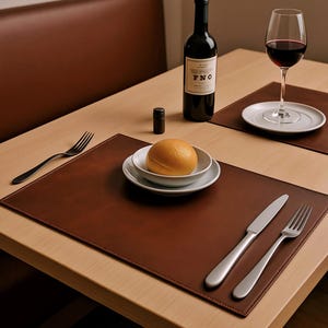 May include: A rectangular brown leather placemat with stitched edges, featuring a white ceramic bowl containing a round bread roll, a silver knife, and a silver fork. A wine bottle labeled FNO, a wine glass with red wine, and a fork are nearby.