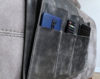 Leather Sofa Armrest Organizer: Full-Grain Cowhide Caddy,  Handmade Home Gift