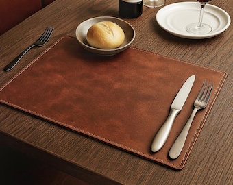 Leather Placemats and Coaster Set: Stitched Edge Table Linens
