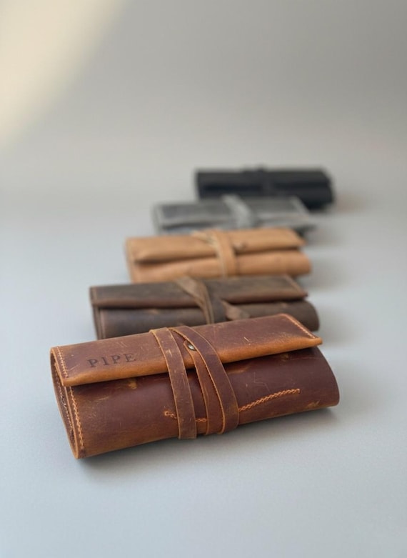 tobacco travel Leather Pipe & Tobacco Travel Set, Compact Roll-Up Case for Pipe, Ashtray  and Stand, Handmade Gift for Him