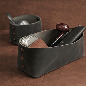 Foldable Leather Basket Organizer, Portable Leather Desk Organizer