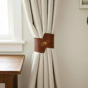 Lined Leather Curtain Tie Backs, Stitched Calfskin Clasps, Handmade Black Leather Drape Ties