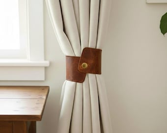Lined Leather Curtain Tie Backs, Stitched Calfskin Clasps, Handmade Black Leather Drape Ties