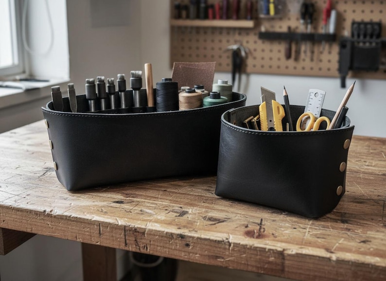 Handmade Leather Basket: Full Grain Cowhide Storage Organizer image 4
