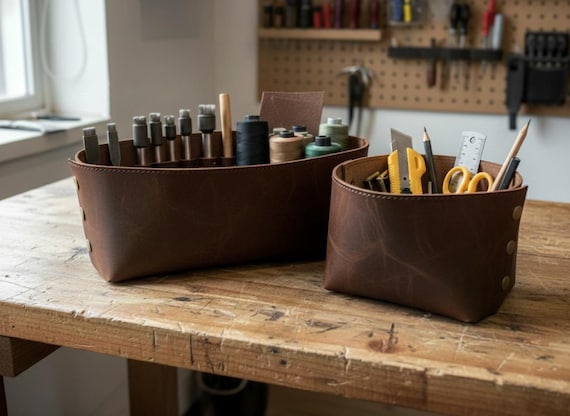 Handmade Leather Basket: Full Grain Cowhide Storage Organizer