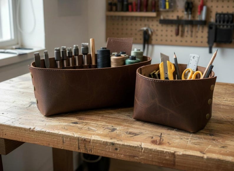 Handmade Leather Basket: Full Grain Cowhide Storage Organizer image 1