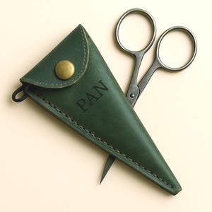 May include: Small silver scissors with a pointed tip, next to a dark green leather case. The triangular case has a gold button closure and the word "PAN" embossed. The case is approximately 10 cm long. The scissors are for crafts or sewing.