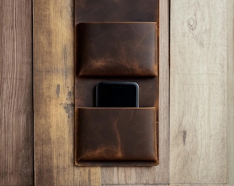 Personalized Leather Wall Pocket Organizer: Handmade Full-Grain Storage