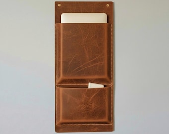 Leather Wall Organizer, Vertical Organizer for Mail, Laptop, and Documents, Modern Office Entryway Storage