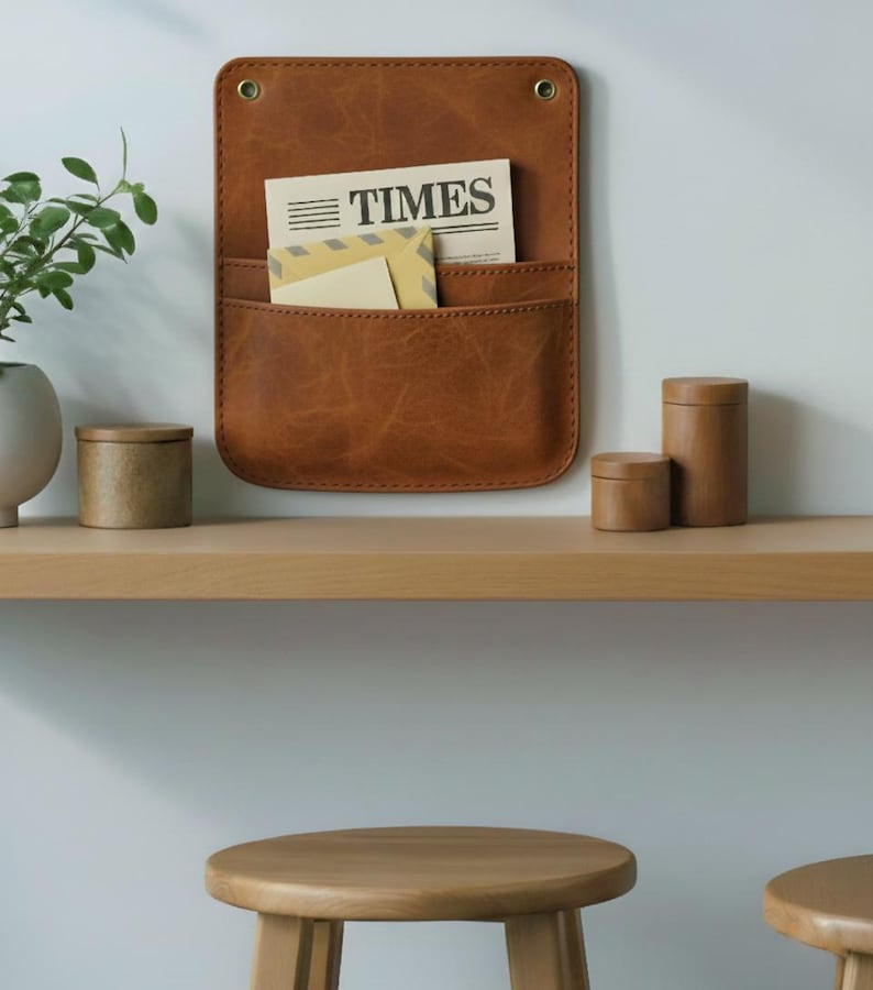 May include: A rectangular brown leather wall organizer with rounded corners, two pockets, and two brass-colored metal grommets at the top. The pockets contain a newspaper with the word TIMES printed on it and a light-colored envelope.