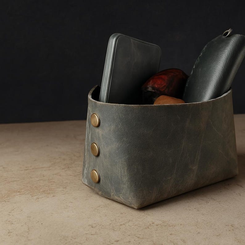 Handmade Leather Basket: Full Grain Cowhide Storage Organizer image 6