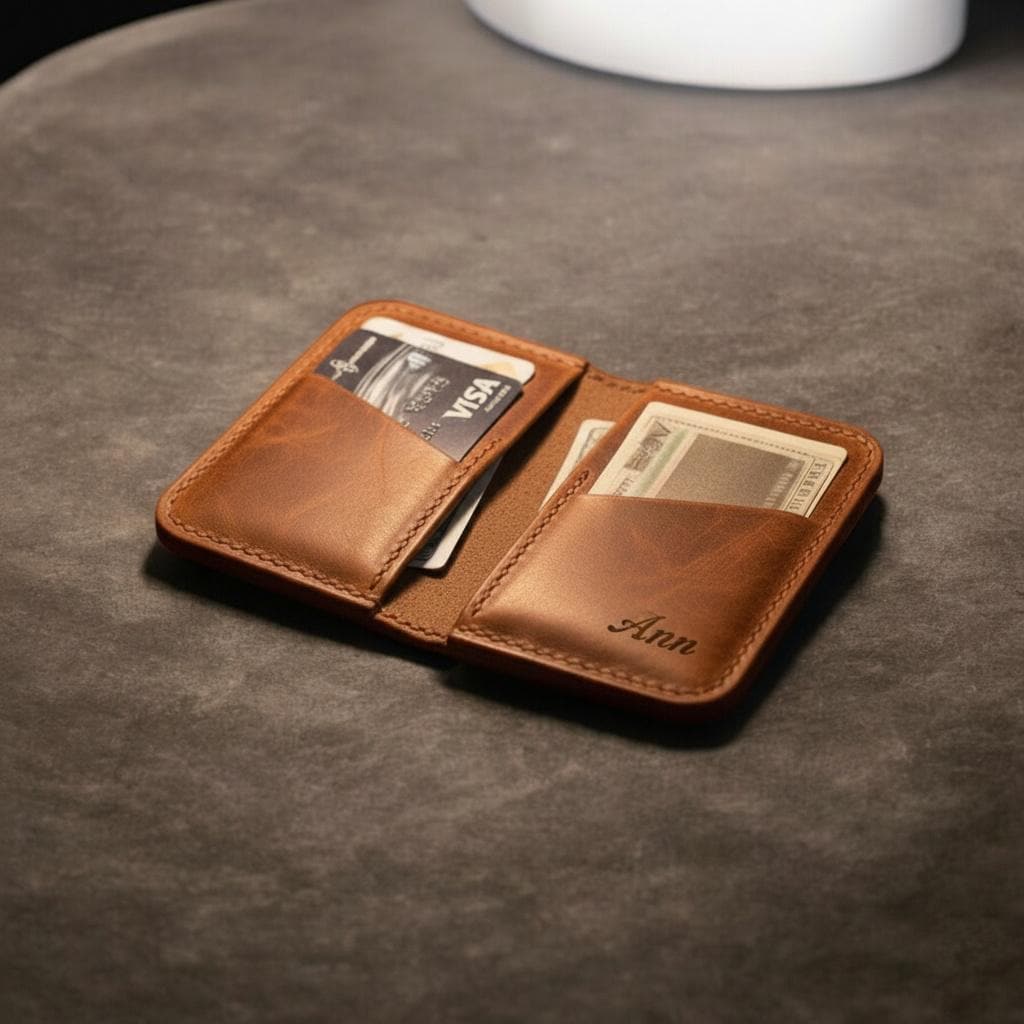Personalized Leather Bifold Wallet: Minimalist Front Pocket Card Holder