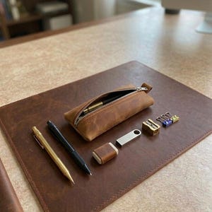 Handmade Genuine Leather Zipper Pouch, Minimalist Travel & Tech Organizer