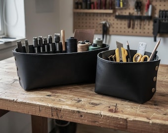 Handcrafted Leather Catch-All Basket - Travel Friendly, Portable Leather Desk Organizer