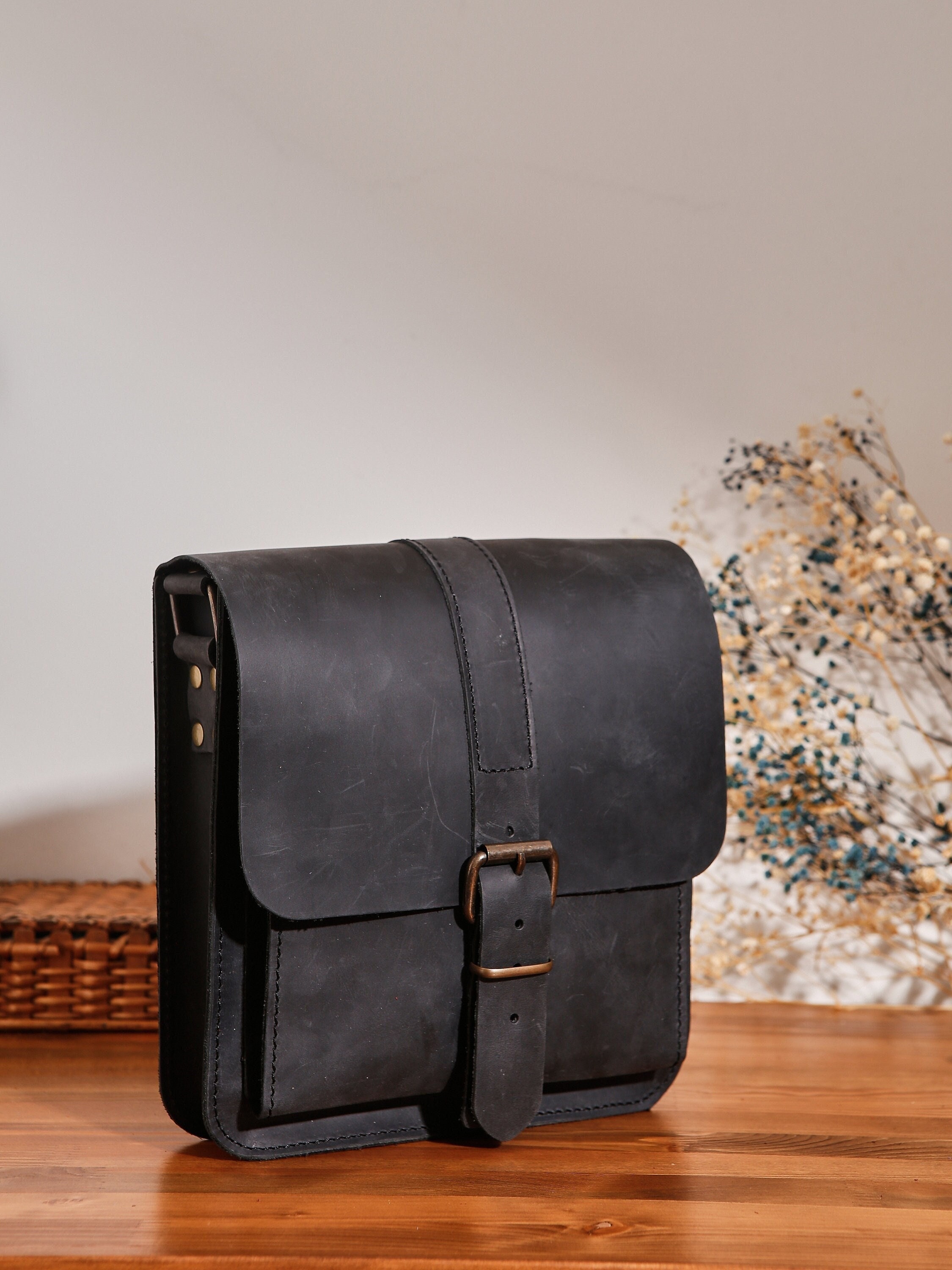 Crazy Horse Leather Messenger Bag, Tablet Satchel, Adjustable