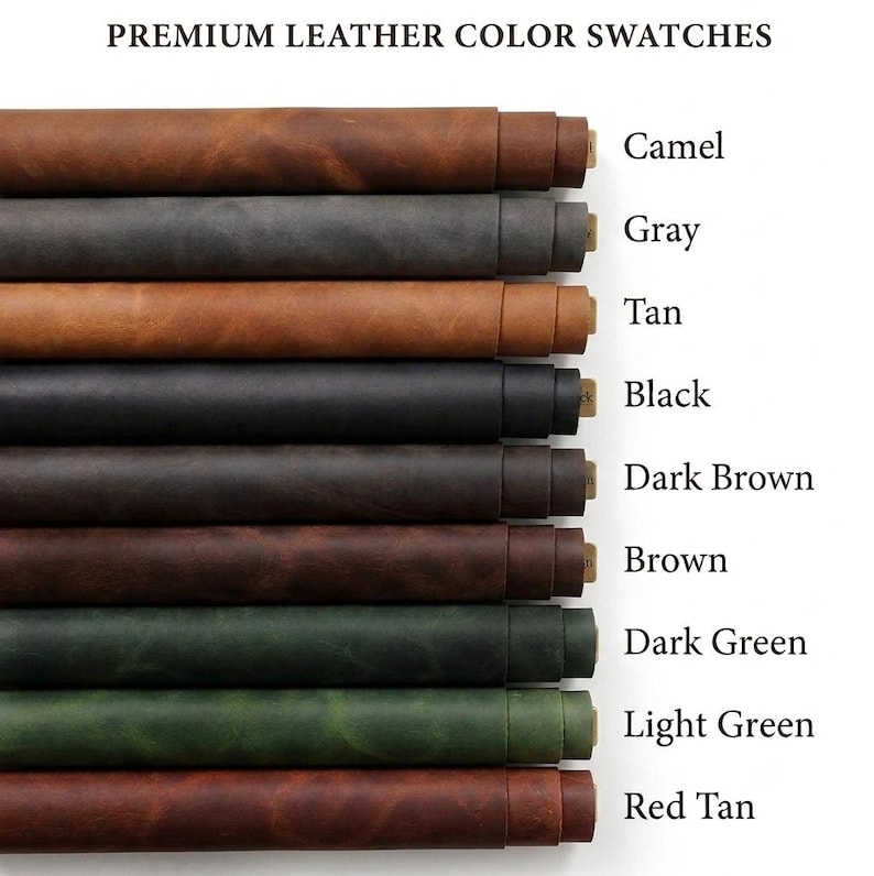A collection of rolled leather sheets in various colors, including red tan, light green, dark green, brown, dark brown, black, tan, gray, and camel. The colors are labeled with text. The leather appears to be of high quality.