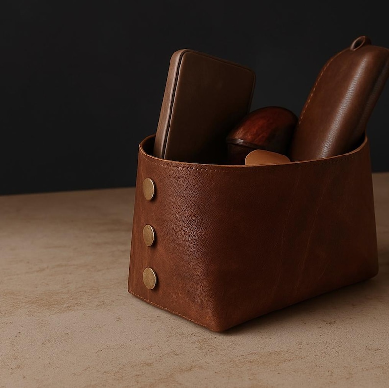 Handmade Leather Basket: Full Grain Cowhide Storage Organizer image 8