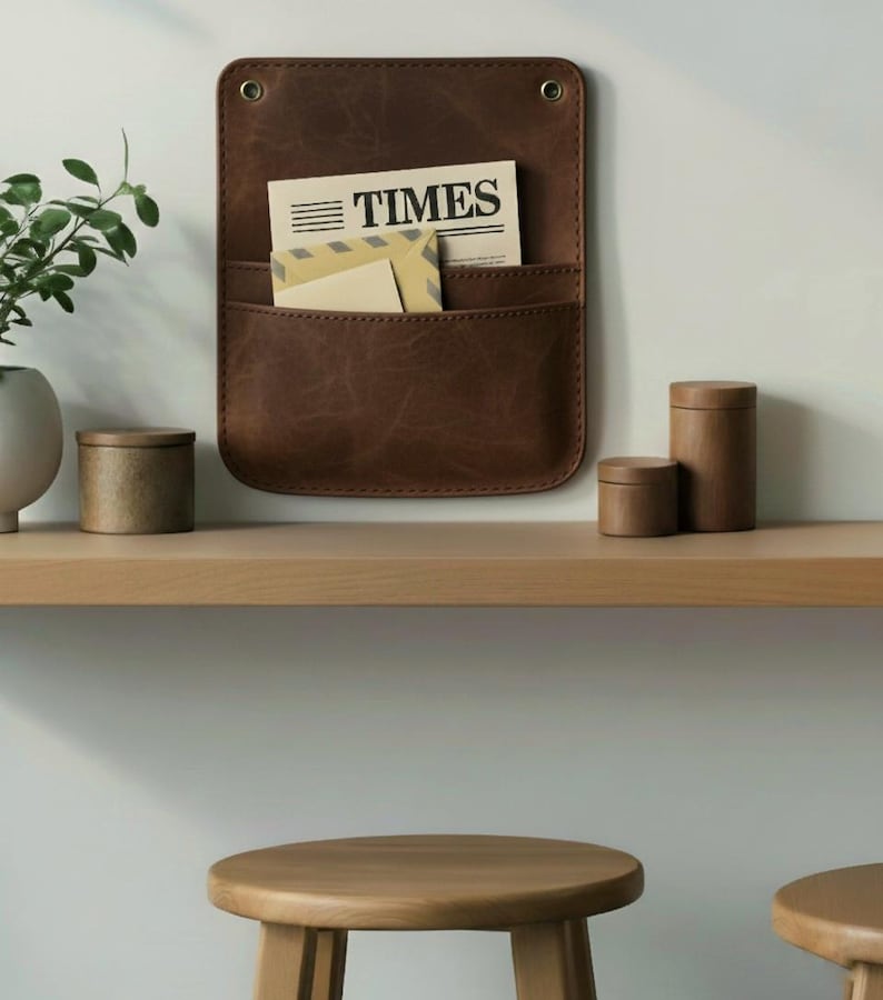 May include: A dark brown leather wall-mounted organizer with two pockets, featuring two brass-colored metal grommets at the top. The organizer holds a newspaper with the word TIMES printed on it and a tan envelope with a striped pattern.