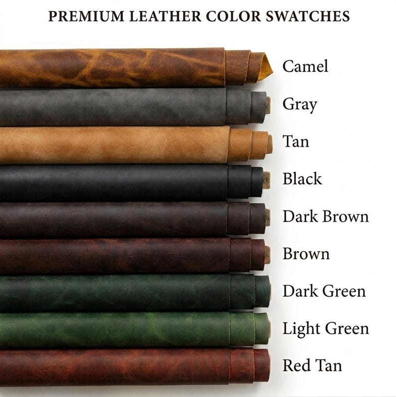 A collection of rolled leather sheets in various colors, including red tan, light green, dark green, brown, dark brown, black, tan, gray, and camel. The colors are labeled with text. The leather appears to be of high quality.
