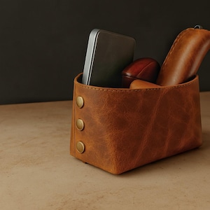 Handcrafted Leather Catch-All Basket - Travel Friendly, Portable Leather Desk Organizer