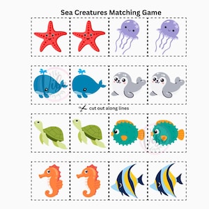 Sea Creatures Matching Game for Kids, Printable Sea Animals Matching ...