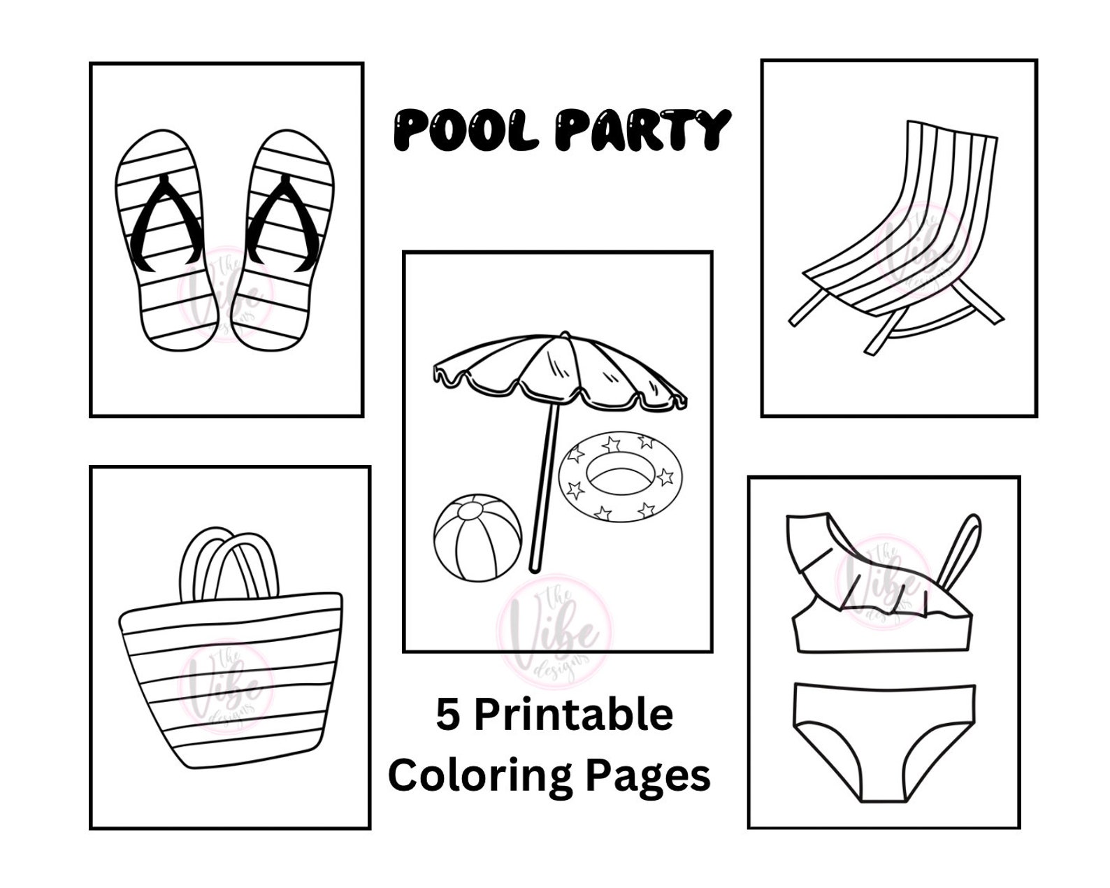 5 Printable Coloring Pages, Printable Coloring Sheets, Pool Party Coloring Pages, Printable