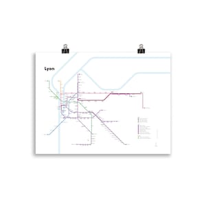 Affiche du plan du métro / tram de Lyon (fond clair) | Design minimaliste | Poster réseau de transports | Décoration murale | Art France