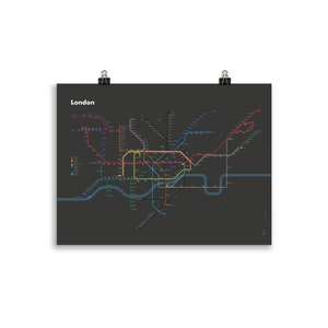 Affiche du plan du métro de Londres (fond sombre) | Design minimaliste | Poster réseau de transports | Décoration murale | Art Angleterre