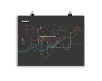 London Underground Map Poster (Dark background) | Minimalist Design | Transit Subway Metro Print | England Wall Art