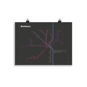 Affiche du plan du Tramway de Bordeaux (fond sombre) | Design minimaliste | Poster réseau de transports | Décoration murale | Art France