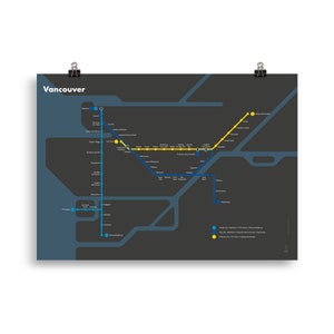 Plan du Vancouver Skytrain (fond sombre) | Affiche design minimaliste | Poster carte réseau de transports | Décoration murale | Art Canada