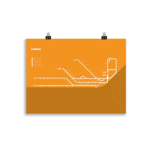 Affiche du plan du Tramway de Lisbonne (fond jaune) | Design minimaliste | Poster réseau de transports | Décoration murale | Art Portugal