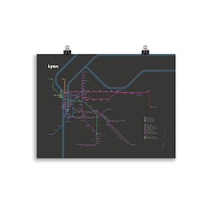 Affiche du plan du métro / tram de Lyon (fond sombre) | Design minimaliste | Poster réseau de transports | Décoration murale | Art France