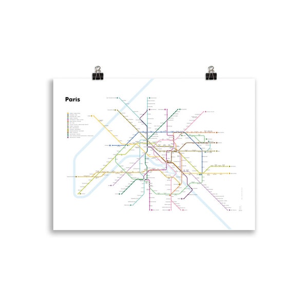Plan du métro de Paris (fond clair) | Affiche au design minimaliste | Poster carte de réseau de transports | Décoration murale | Art France