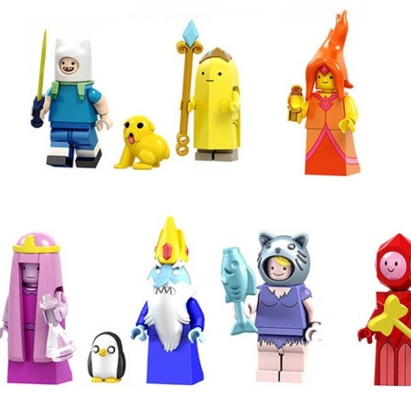 Custom Designed Minifigure - 7pcs Adventure Time (Finn, El Hombre Banana, Princesa Flama, Bubblegum Princesa Ice King) Printed On LEGO Parts