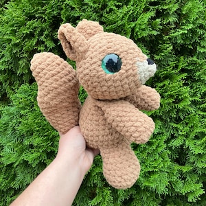 May include: A handmade, light brown crochet squirrel plush toy with large, teal-colored eyes and a fluffy tail. The squirrel has a white muzzle and black nose, and is made with a textured yarn. The plush is held against a backdrop of green foliage.