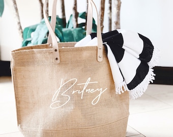 Borsa tote in iuta personalizzata: borsa da spiaggia in tela di iuta con manici in pelle