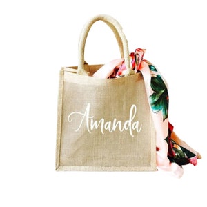 Herbruikbare tas met monogram, naam bedrukte tas | Milieuvriendelijke jutetas van jute | Handtas natuurlijke jute | Markttas