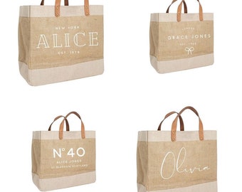 Personalized Jute Burlap Tote Bag | Leather Handles, Beach Bag