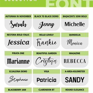 May include: A chart with the names Sarah, Jenny, Michelle, Jessica, Frankie, Monica, Marianne, Cristina, Rebecca, Stephanie, Patricia, Sandy, Smith Paul, Caitlin, and Allison written in different fonts. The names are organized in a grid with the font name listed above each name.