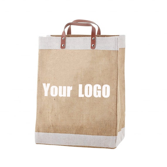 Personalized Burlap Jute Tote Bag: PU Leather Handles, Custom Logo